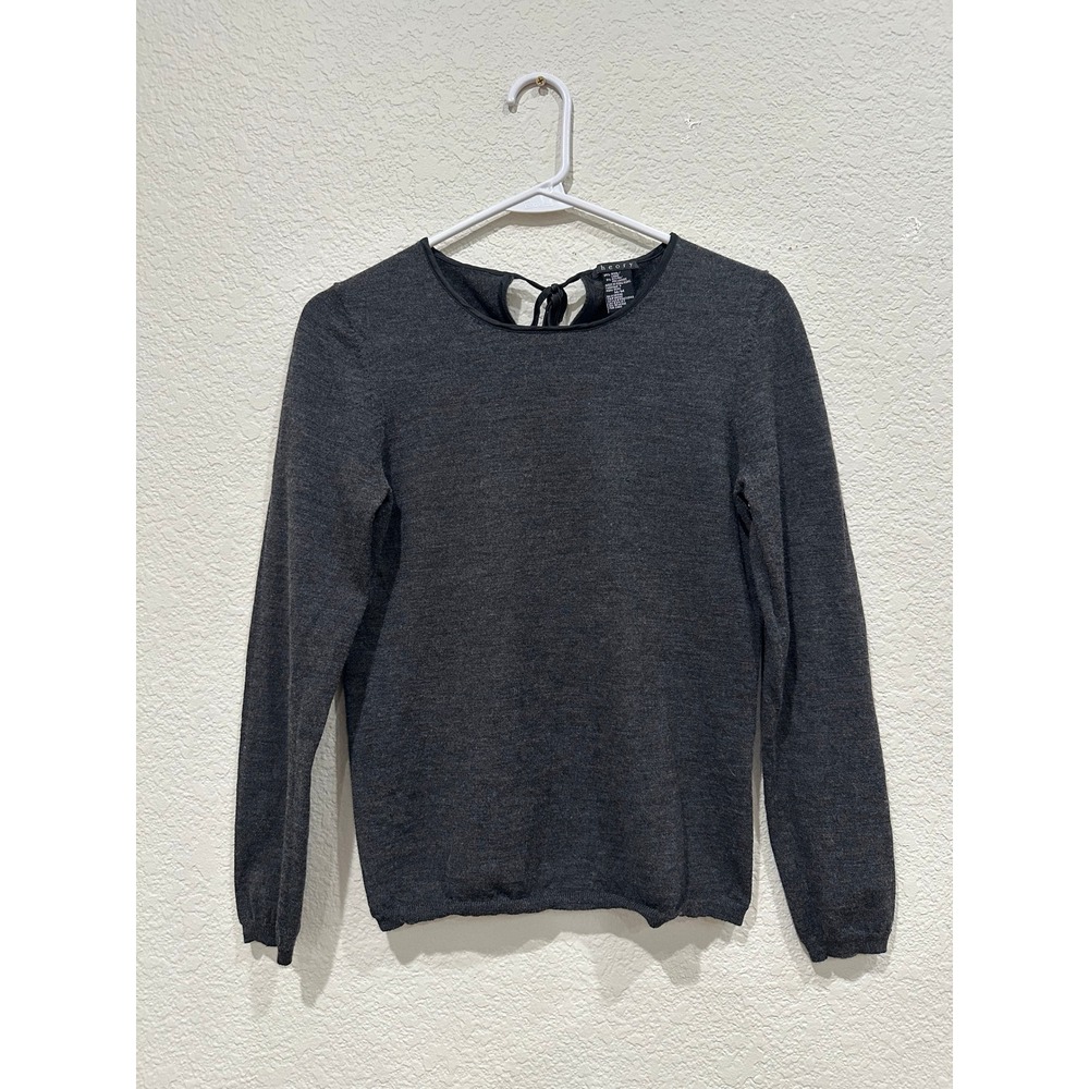 Theory Womens Gray Wool Blend Keyhole Tie Back Long Sleeve Sweater Size M